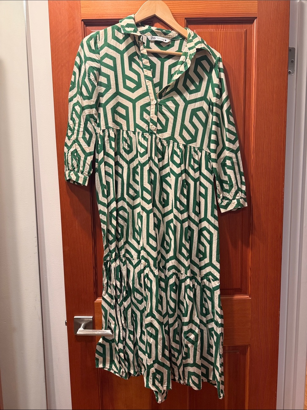 Zara Green and Cream Geometric midi button down shirt Dress